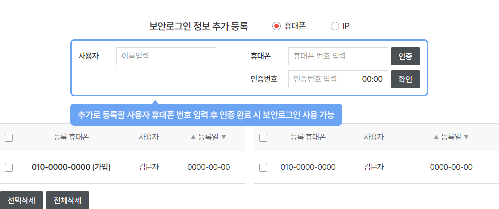 가입자 휴대폰 번호 외 다른 휴대폰 번호도 추가로 등록하여 보안로그인에 사용 하실 수 있습니다.